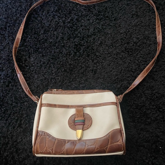 Cream and chestnut leather purse with maroon and dark green accent on buckle - Picture 1 of 5